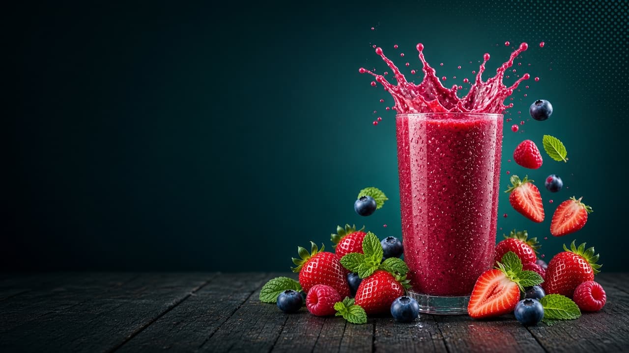 Berry smoothie splashing among strawberries, blueberries and mint on a deep teal background