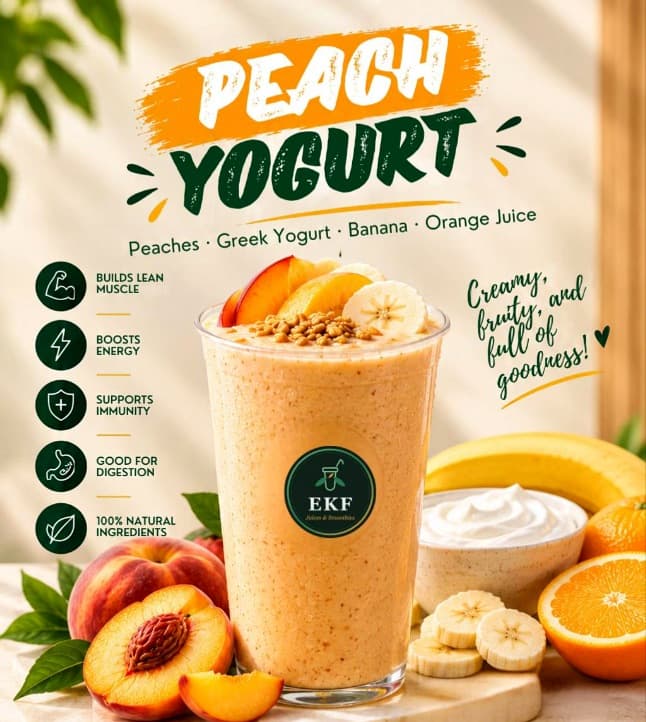 EKF Peach Yogurt smoothie with peaches, Greek yogurt, banana, and orange juice
