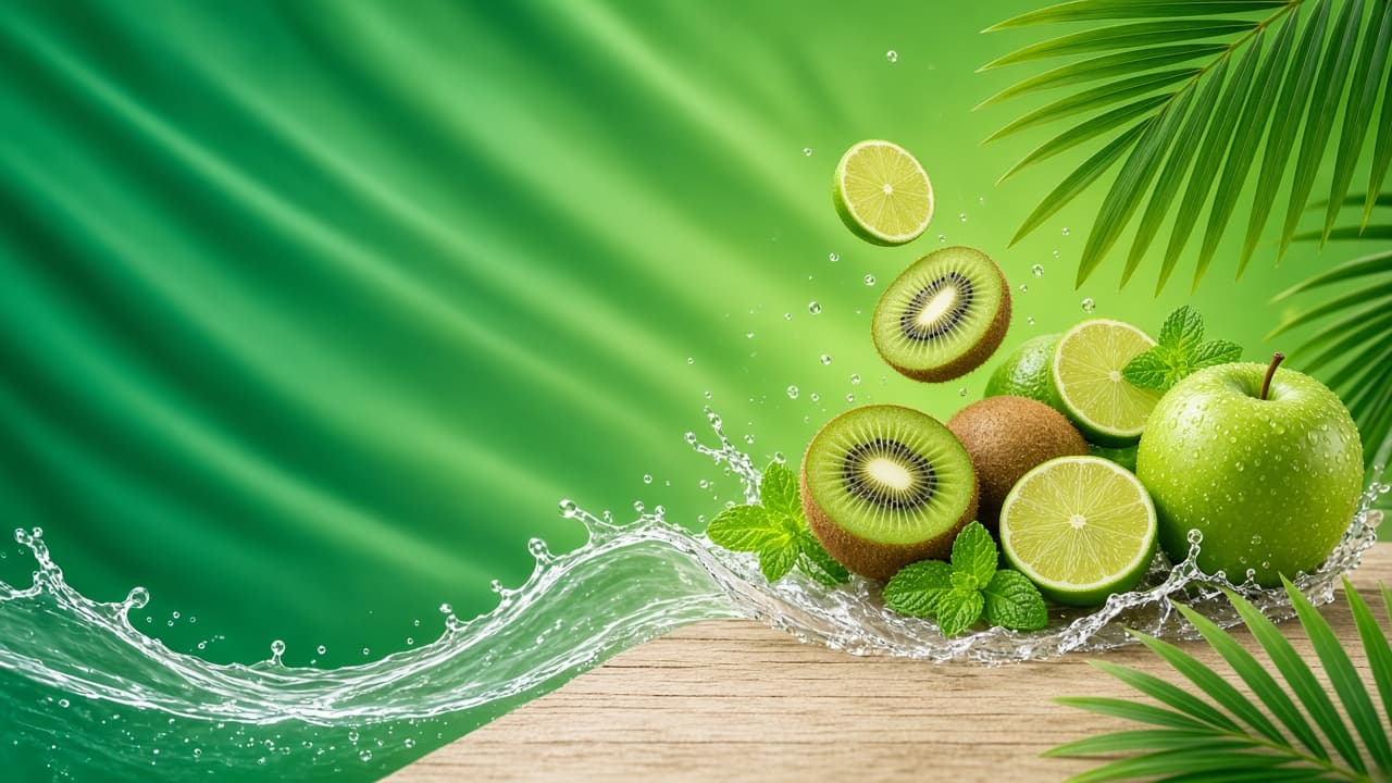 Fresh kiwi, lime, green apple and mint splashing in water on a vivid green background