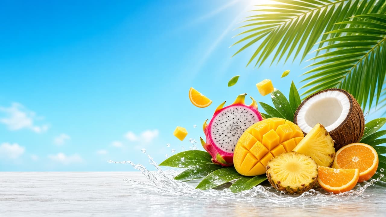 Dragon fruit, mango, coconut, pineapple and orange with palm leaves on a bright blue sky background