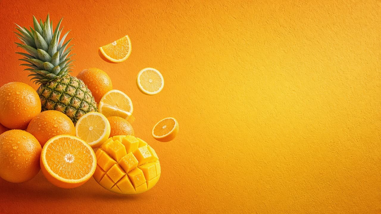 Fresh oranges, lemons, pineapple and mango splashing against a golden orange background