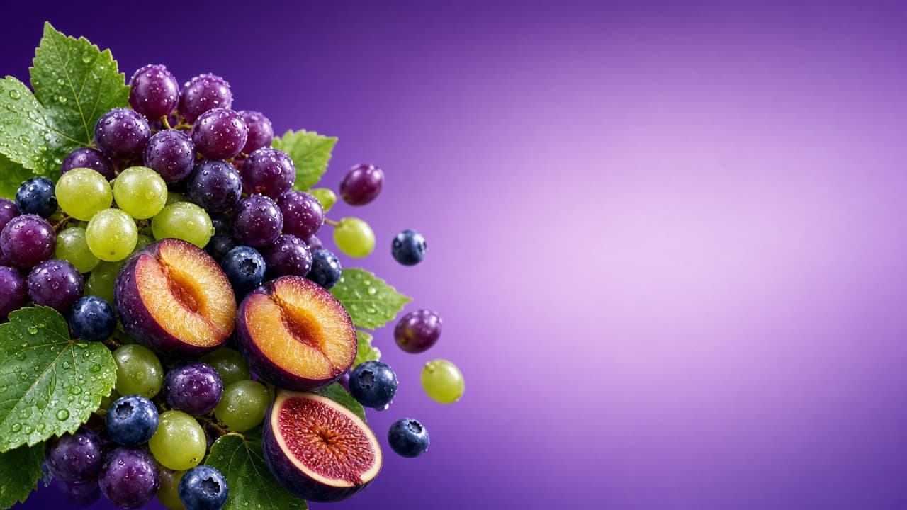 Grapes, plums, figs and blueberries on a rich violet background