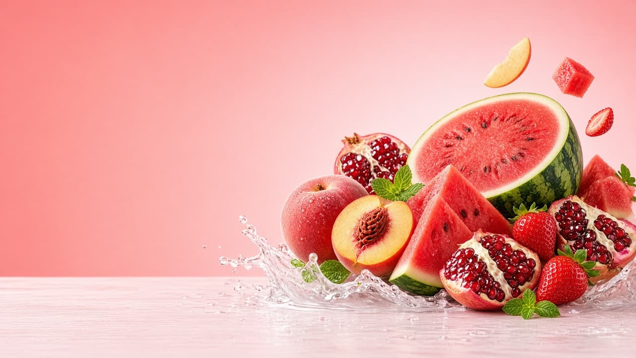 Watermelon, peaches, pomegranate and strawberries splashing on a soft pink background