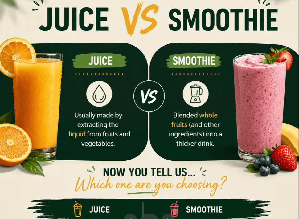 Juice versus smoothie: juice extracts liquid from fruit and vegetables, while a smoothie blends whole fruit into a thicker drink